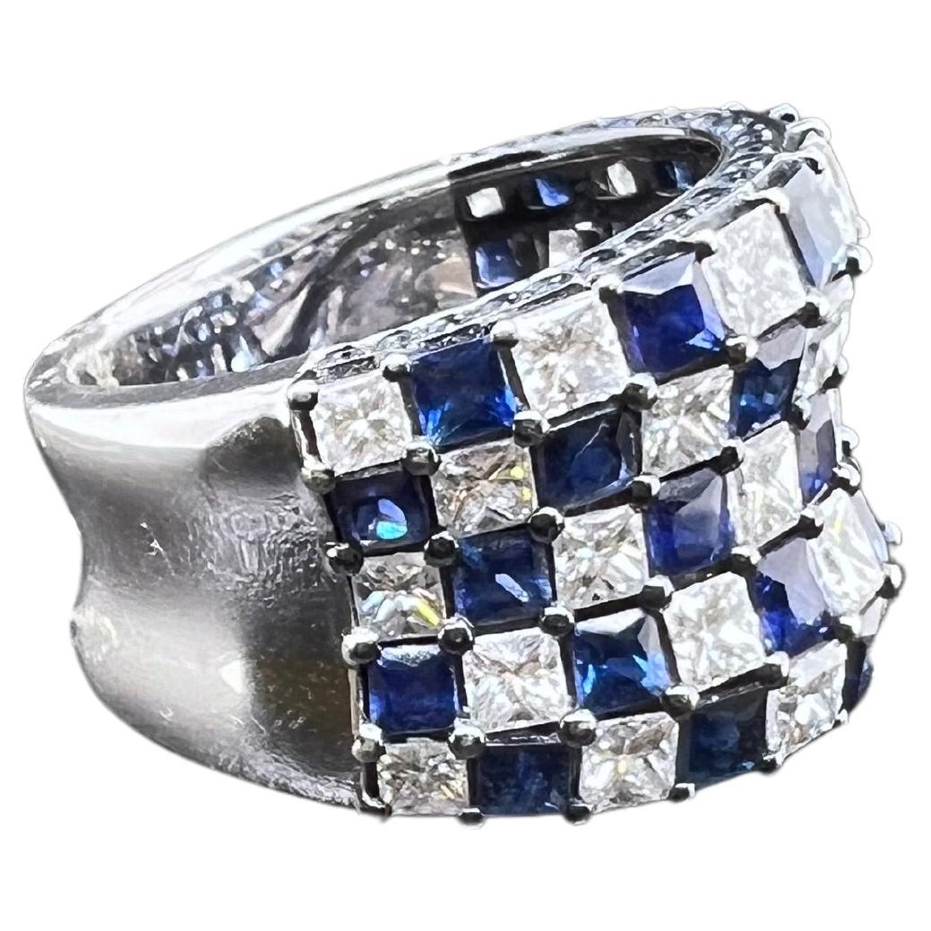 Princess Cut 18k White Gold Blue Sapphire and Diamond Checkerboard Ring For Sale