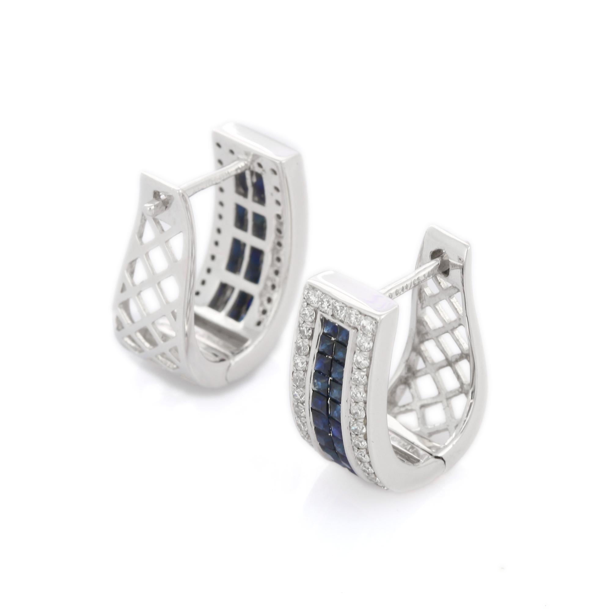 Earrings create a subtle beauty while showcasing the colors of the natural precious gemstones and illuminating diamonds making a statement.

Square cut blue sapphire earrings in 18K gold. Embrace your look with these stunning pair of earrings