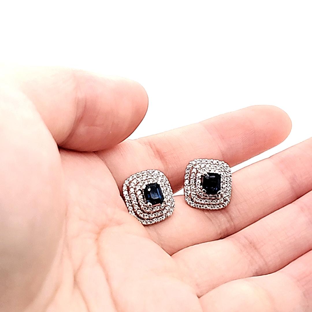 18k White Gold Blue Sapphire and Diamond Halo Earrings For Sale 2