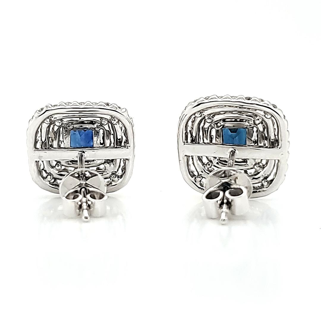 18k White Gold Blue Sapphire and Diamond Halo Earrings For Sale 1