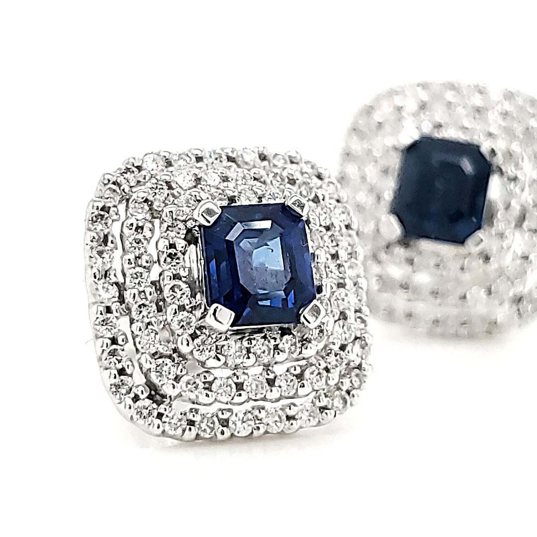 Contemporary 18k White Gold Blue Sapphire and Diamond Halo Earrings For Sale