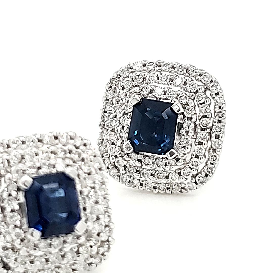 Square Cut 18k White Gold Blue Sapphire and Diamond Halo Earrings For Sale