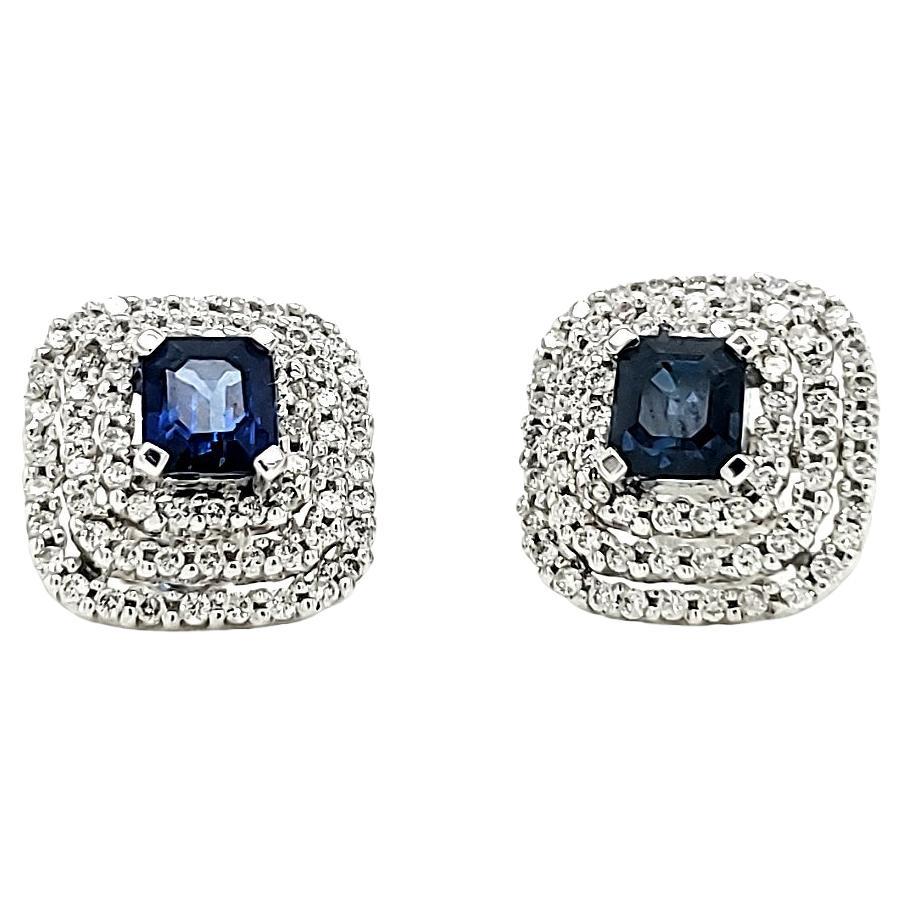 18k White Gold Blue Sapphire and Diamond Halo Earrings For Sale