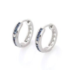 18K White Gold Blue Sapphire and Diamond Huggie Hoop Earrings