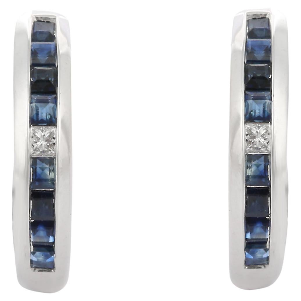 18K White Gold Blue Sapphire and Diamond Huggie Hoop Earrings