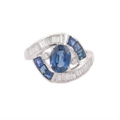 Gorgeous Blue Sapphire And Diamond Ring 18kt Solid White Gold