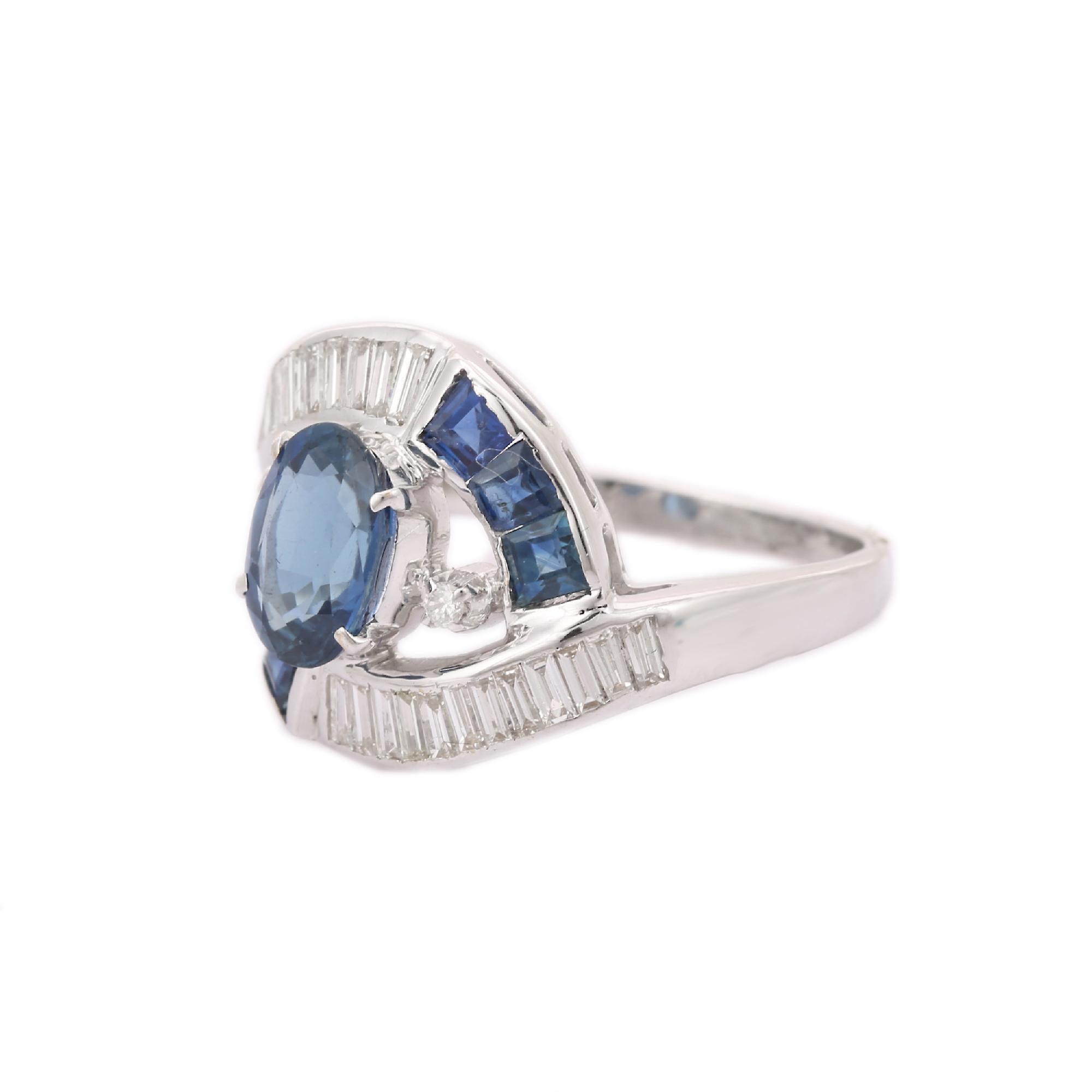 For Sale:  Gorgeous Blue Sapphire And Diamond Ring 18kt Solid White Gold 4