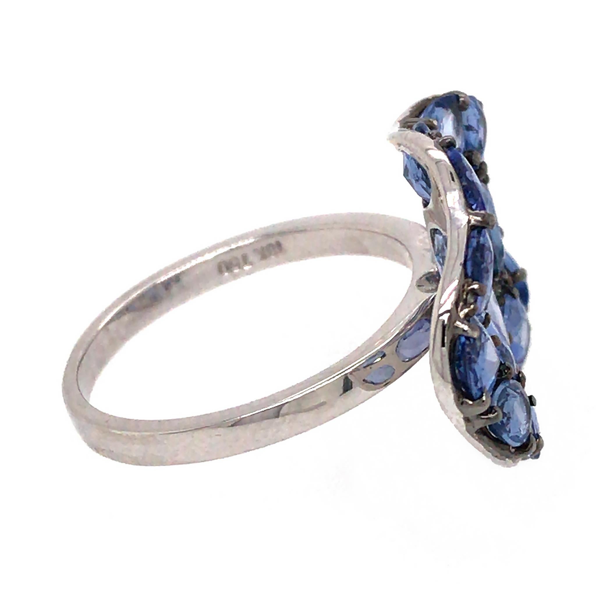 Round Cut 18k White Gold Blue Sapphire and Diamond Wavy Ring