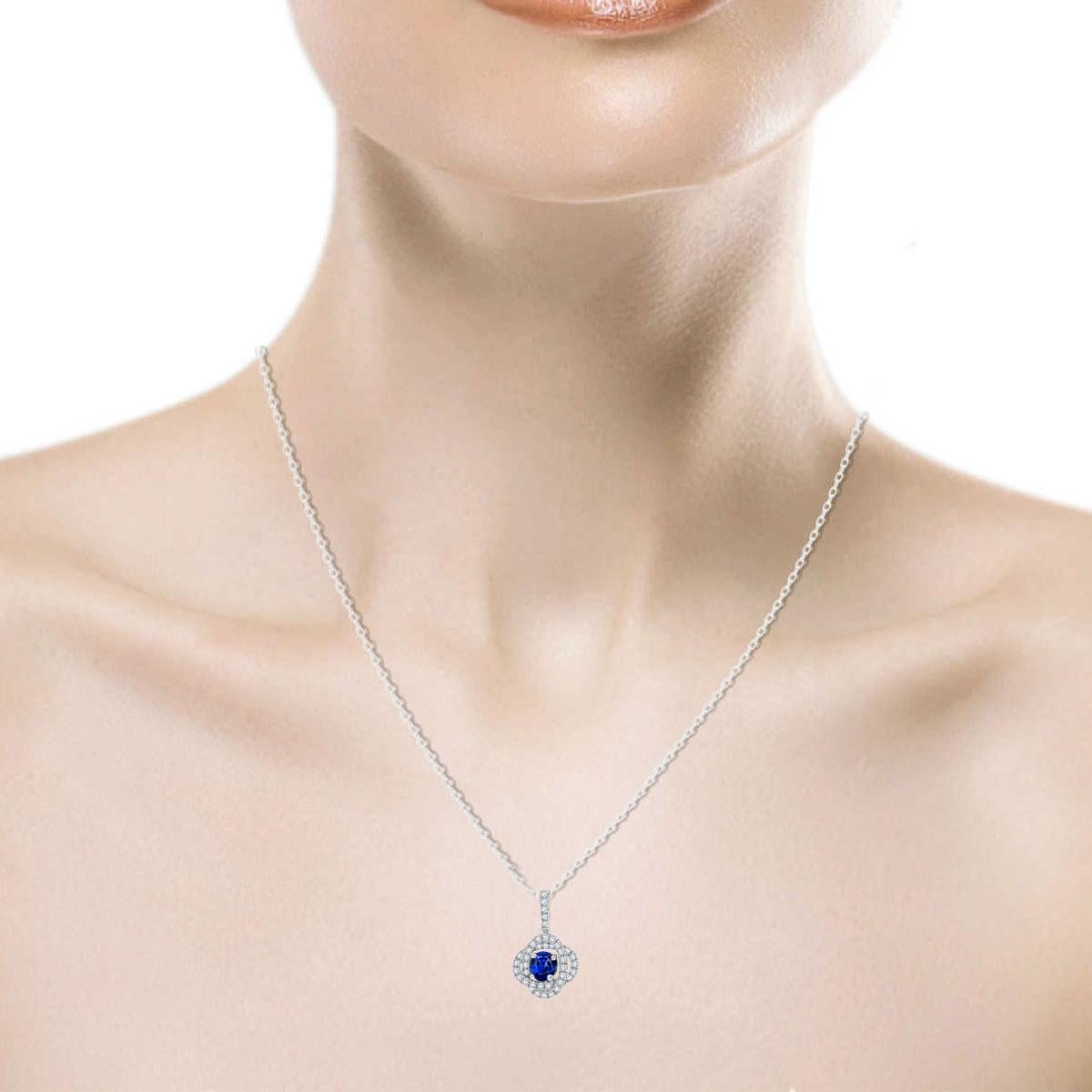 Round Cut 18 Karat White Gold Blue Sapphire and Diamonds Pendant '3/4 Carat' For Sale