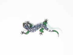 18K White Gold Blue Sapphire and Green Garnet Gecko Brooch