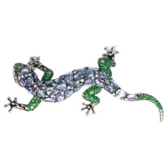 18K White Gold Blue Sapphire and Green Garnet Gecko Brooch
