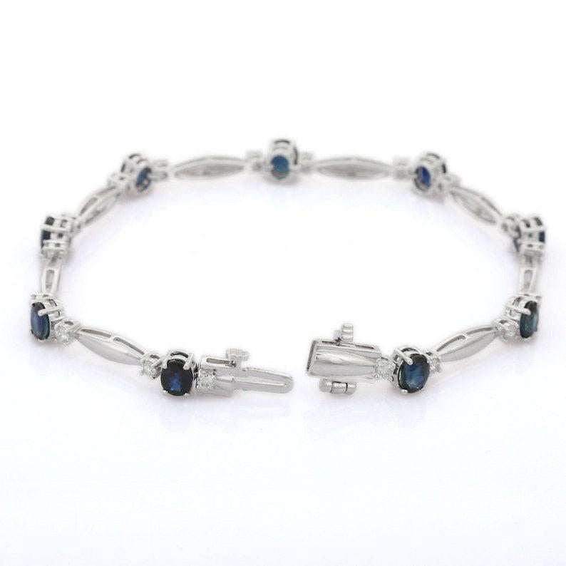 Oval Cut  Natural Diamond and Blue Sapphire Tennis Bracelet in 18kt Solid White Gold
