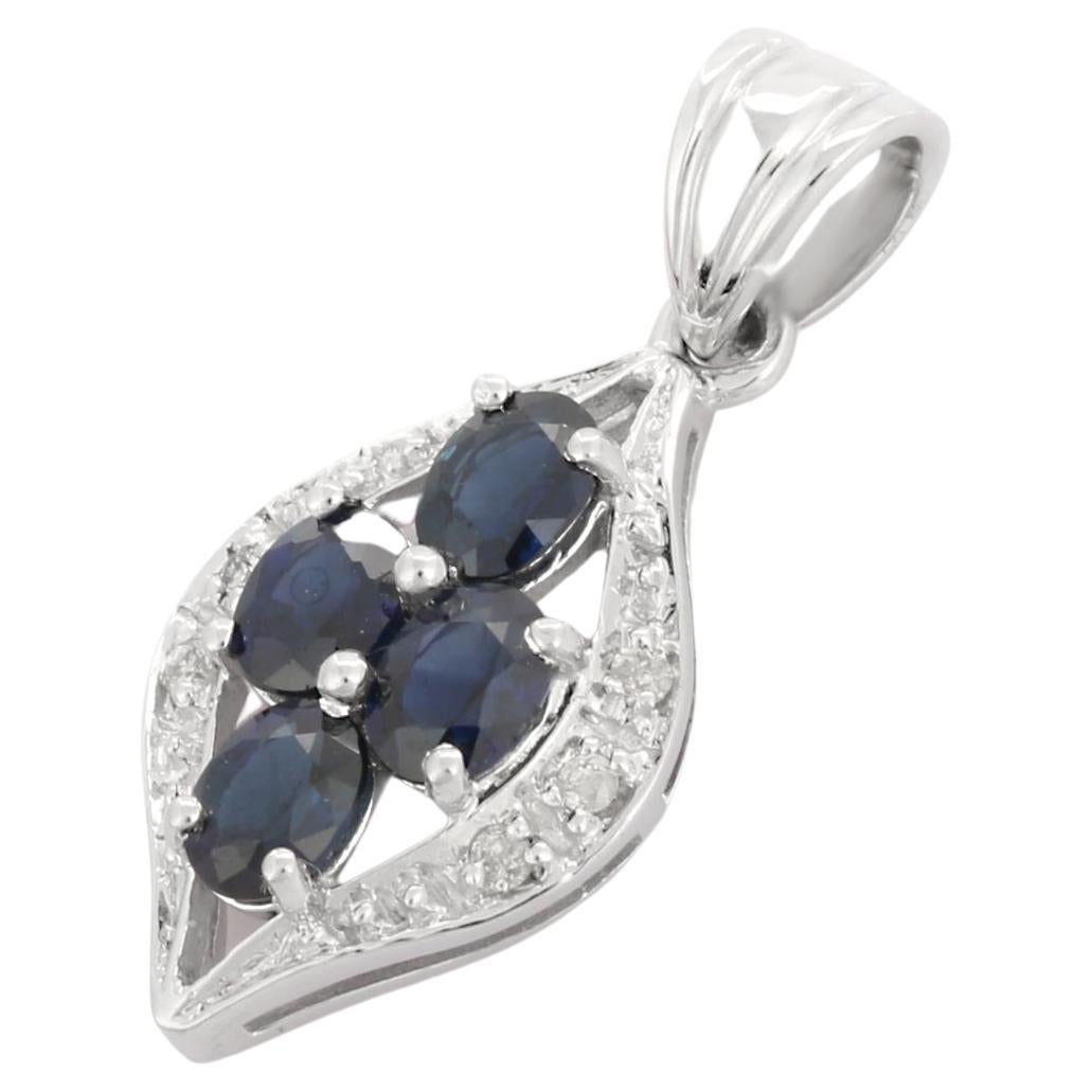 18K White Gold Deep Blue Sapphire Leaf Pendant with Diamonds For Sale