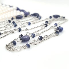 18k White Gold Blue Sapphire Cts 32.42 Tanzanite with Diamond and Pearl Tassel