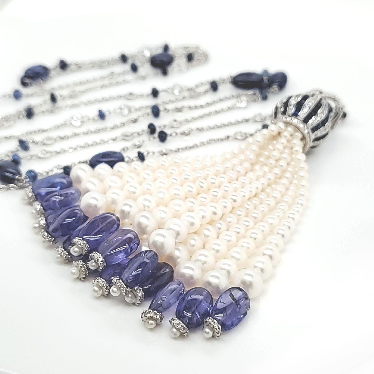 18k White Gold Blue Sapphire Cts 32.42 Tanzanite with Diamond and Pearl Tassel  In New Condition For Sale In Hong Kong, HK