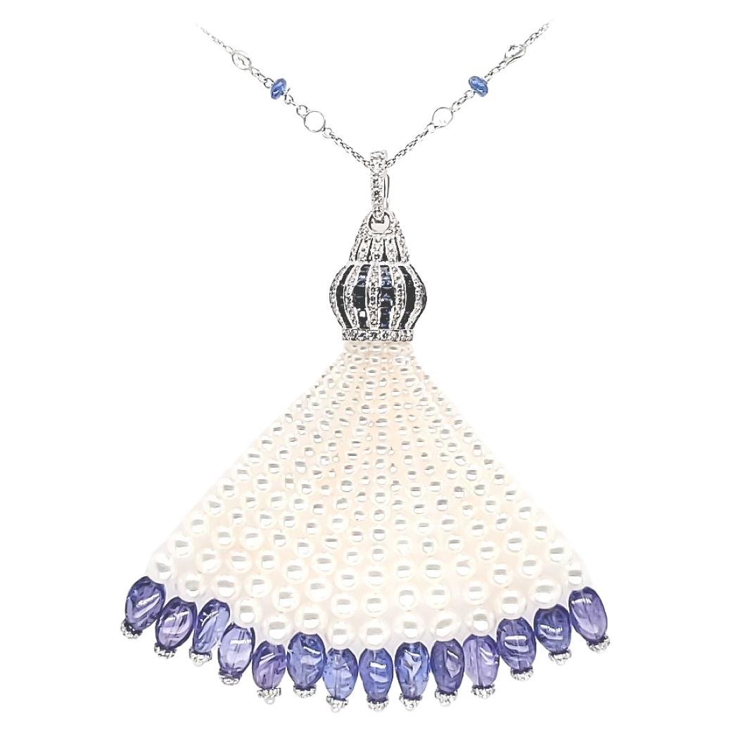 18k White Gold Blue Sapphire Cts 32.42 Tanzanite with Diamond and Pearl Tassel 