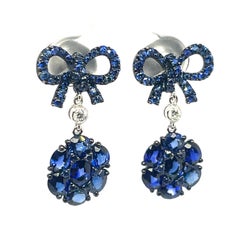 18k White Gold Blue Sapphire Cts 4.07 Round Diamond Flower Earrings