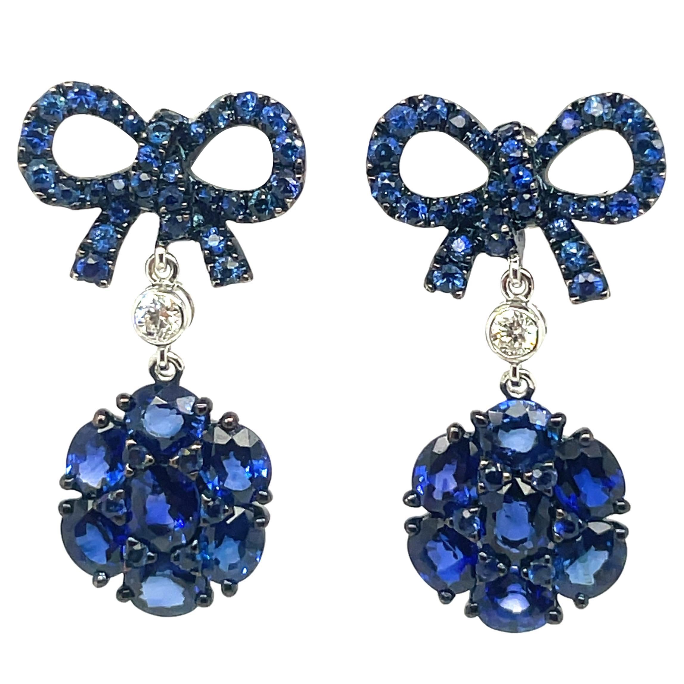 18k White Gold Blue Sapphire Cts 4.07 Round Diamond Flower Earrings