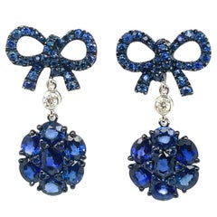 18k White Gold Blue Sapphire Cts 4.07 Round Diamond Flower Earrings