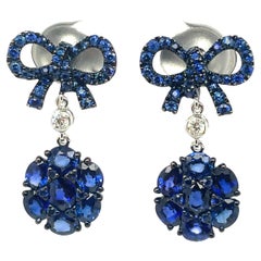 18k White Gold Blue Sapphire Cts 4.07 Round Diamond Flower Earrings