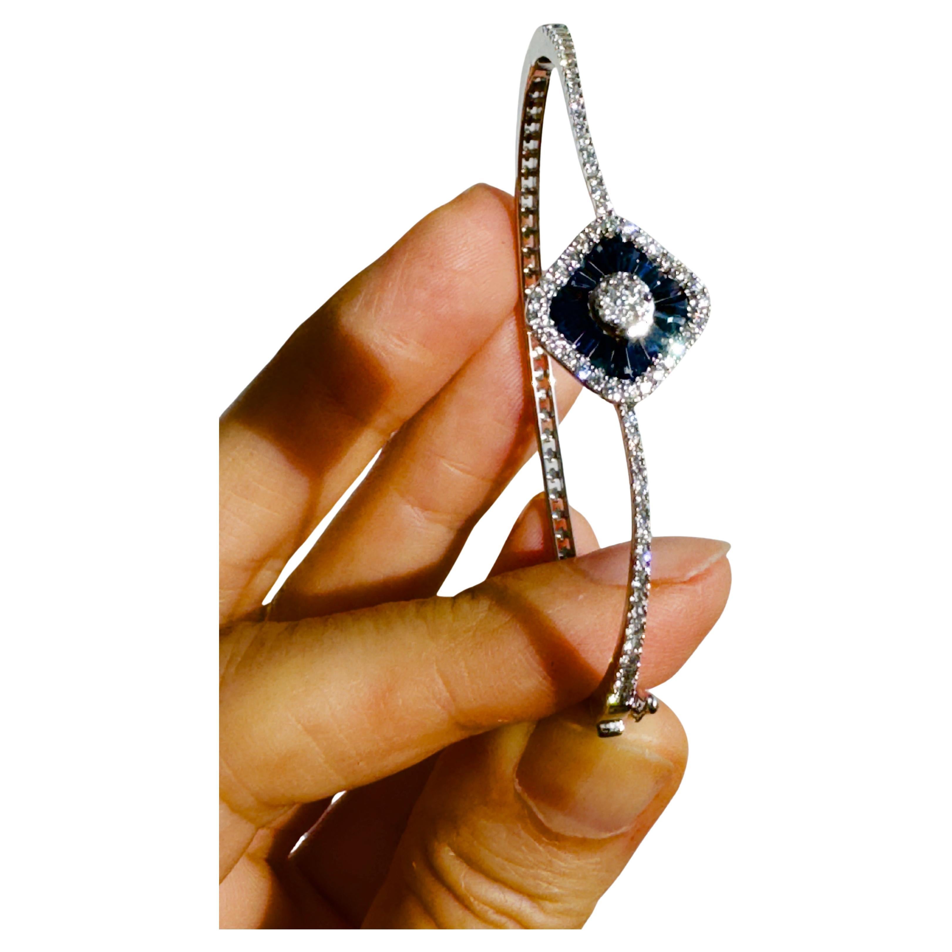 Baguette Cut 18K White Gold Blue Sapphire Diamond Bangle Bracelet For Sale