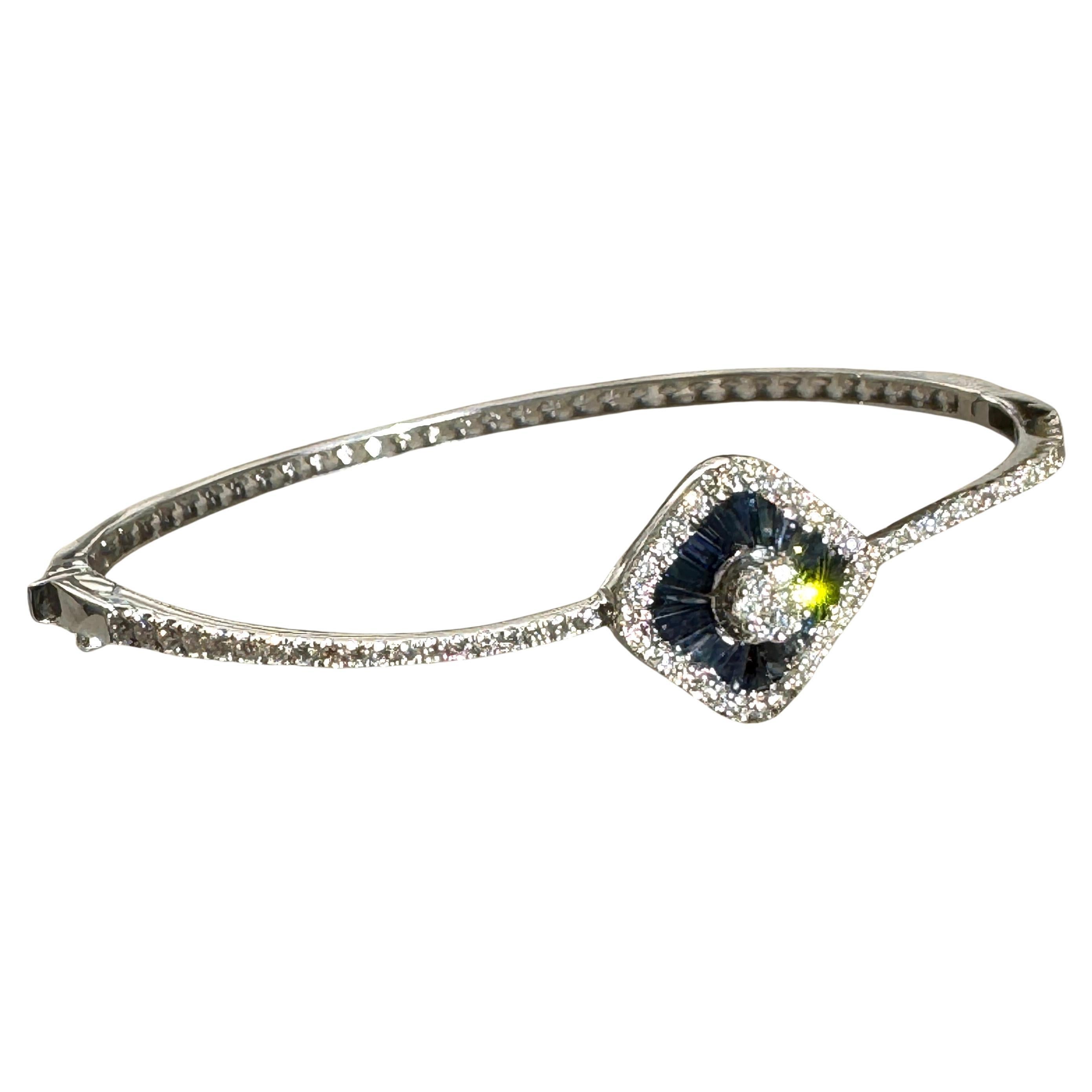 18K White Gold Blue Sapphire Diamond Bangle Bracelet