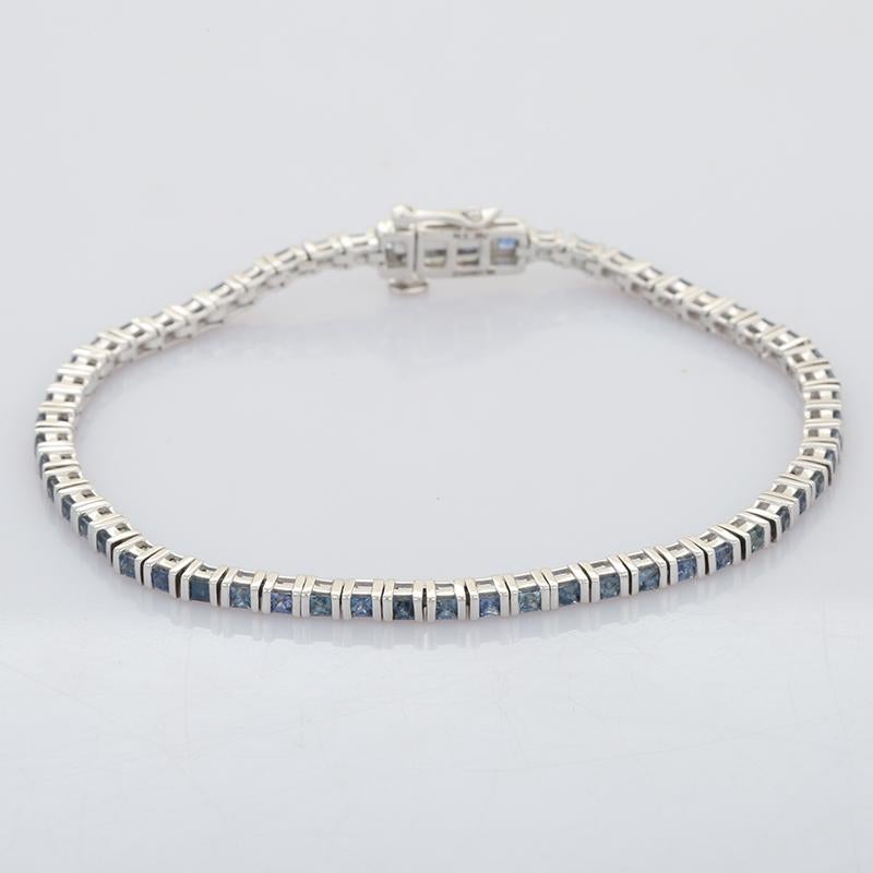 Square Cut 18K White Gold Blue Sapphire Tennis Bracelet For Sale