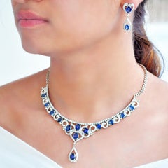 18K White Gold Blue Sapphire Diamond Classic Necklace Earrings Set