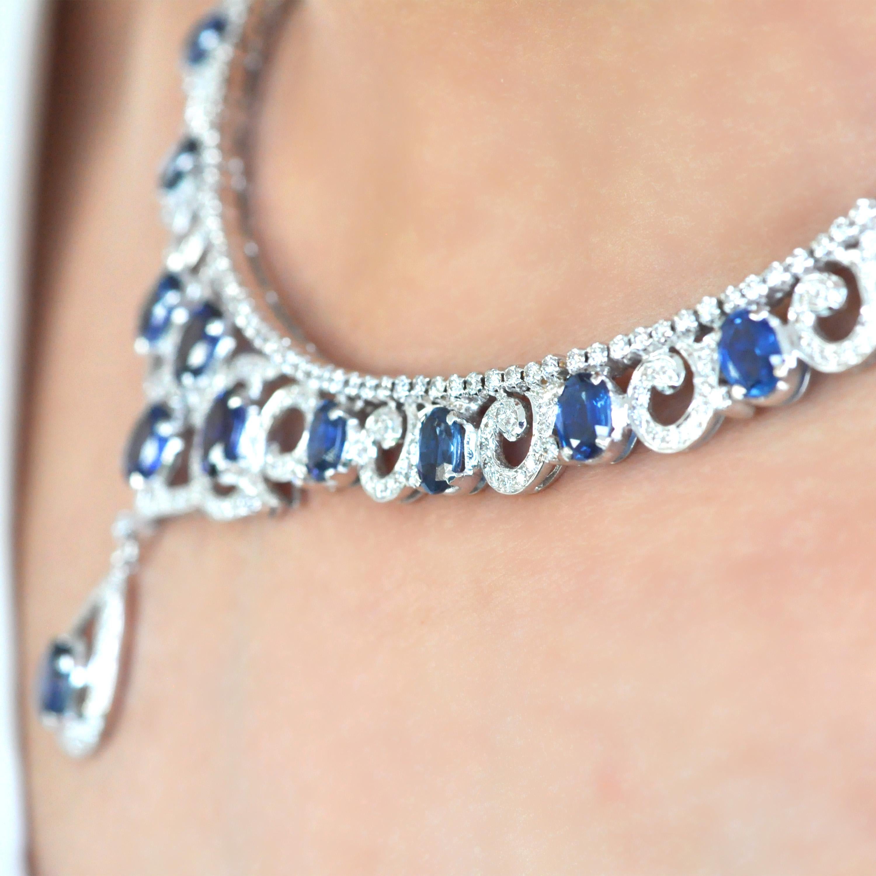 Women's 18K White Gold Blue Sapphire Diamond Classic Necklace Earrings Set For Sale