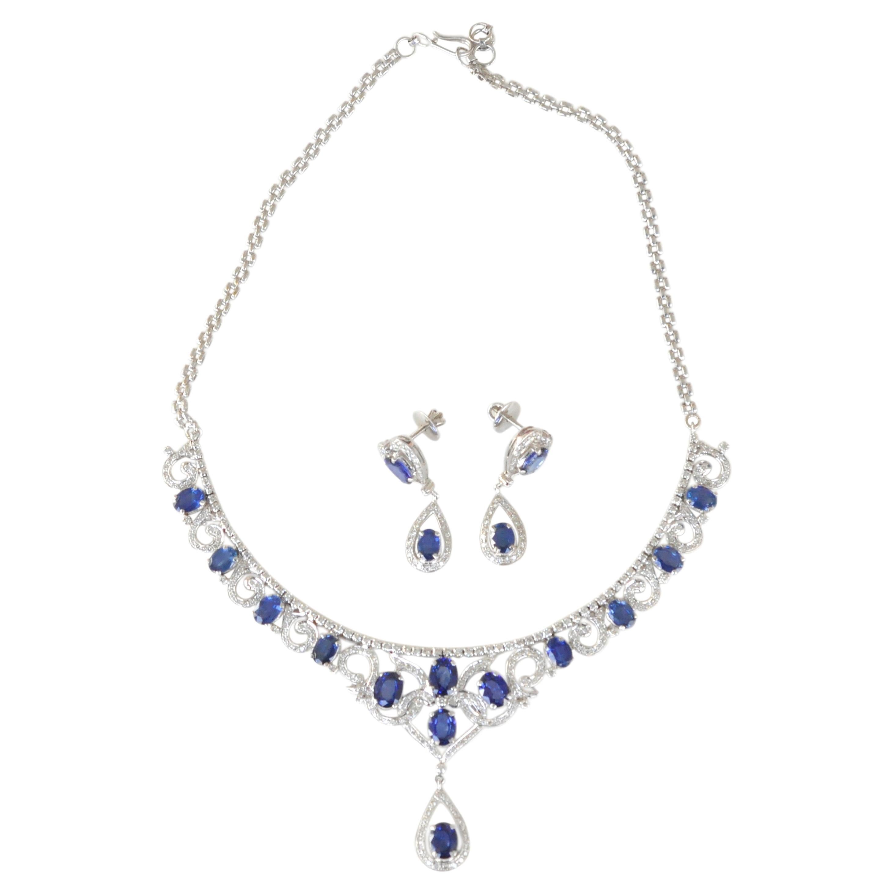 18K White Gold Blue Sapphire Diamond Classic Necklace Earrings Set