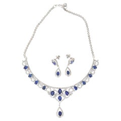 18K White Gold Blue Sapphire Diamond Classic Necklace Earrings Set