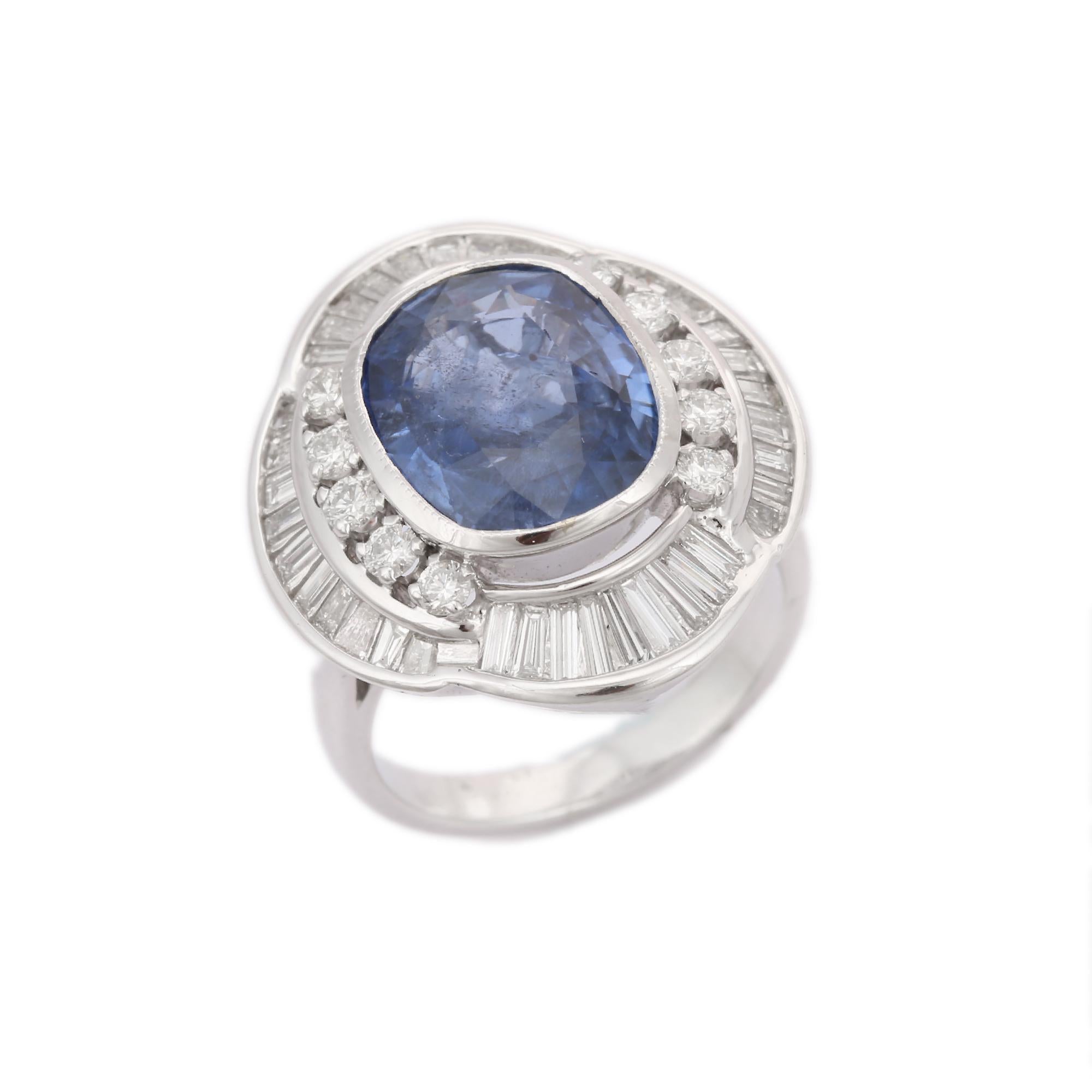 For Sale:  18kt Solid White Gold 6.43 ct Cushion Blue Sapphire Diamond Cocktail Ring 6