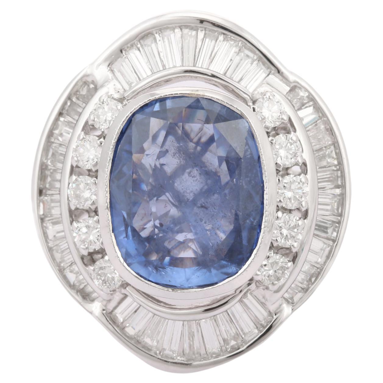18K White Gold Blue Sapphire Diamond Cushion Gemstone Ring