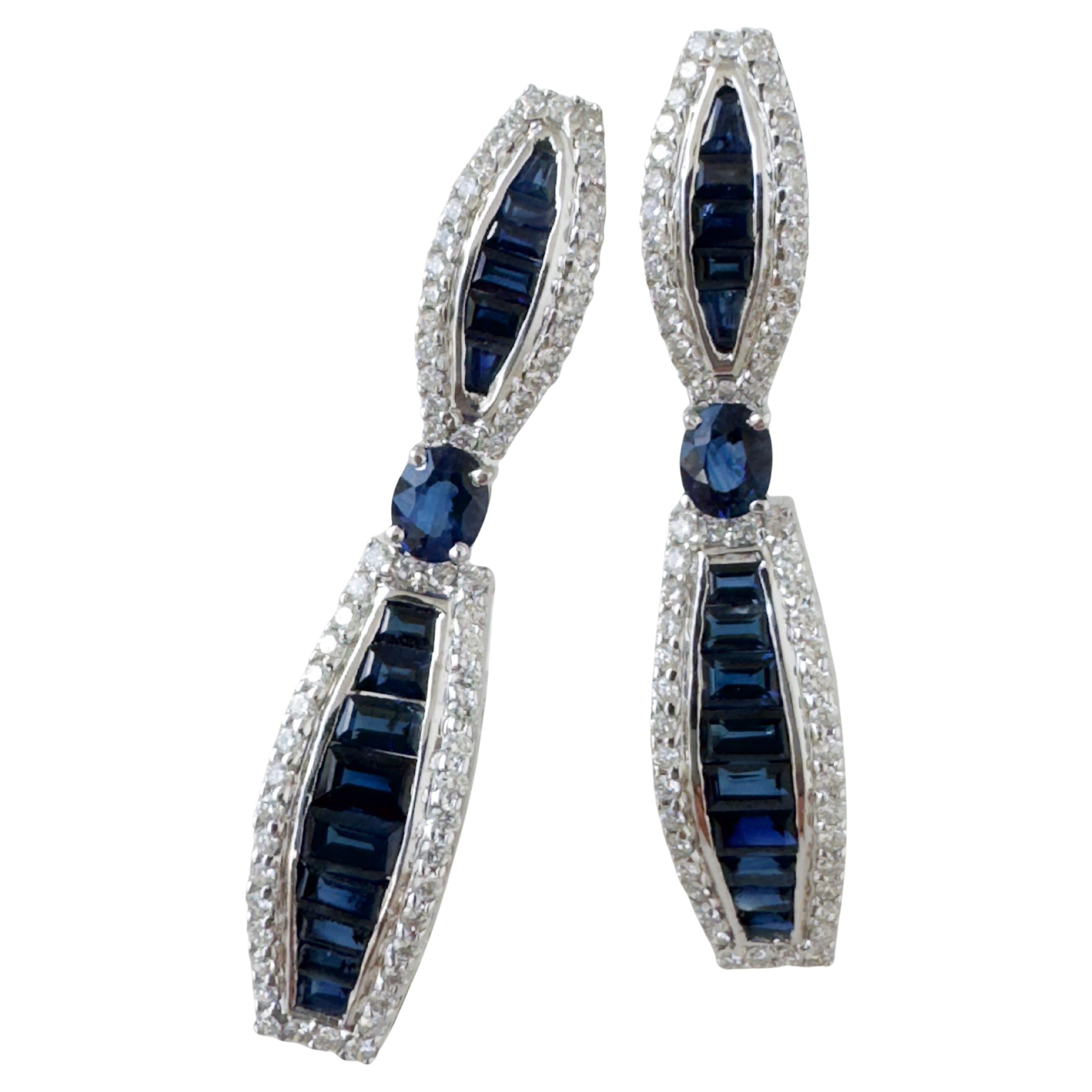 Art Deco 18K White Gold Blue Sapphire Diamond Drop Earrings For Sale