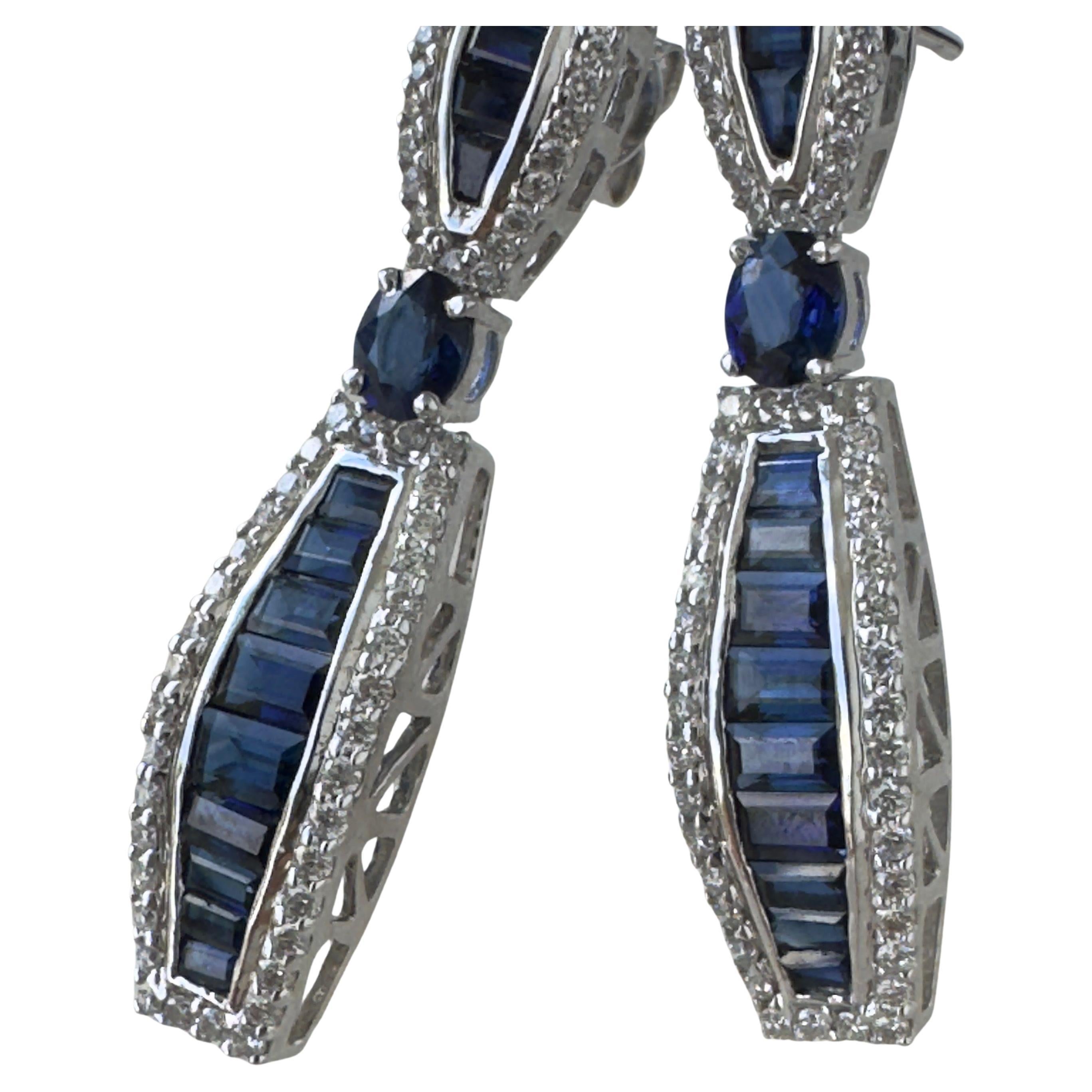 Baguette Cut 18K White Gold Blue Sapphire Diamond Drop Earrings For Sale