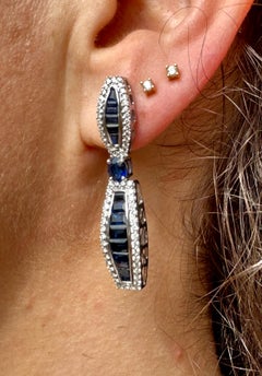 Pendientes Gota Zafiro Azul Diamante Oro Blanco 18K