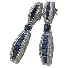 18K White Gold Blue Sapphire Diamond Drop Earrings