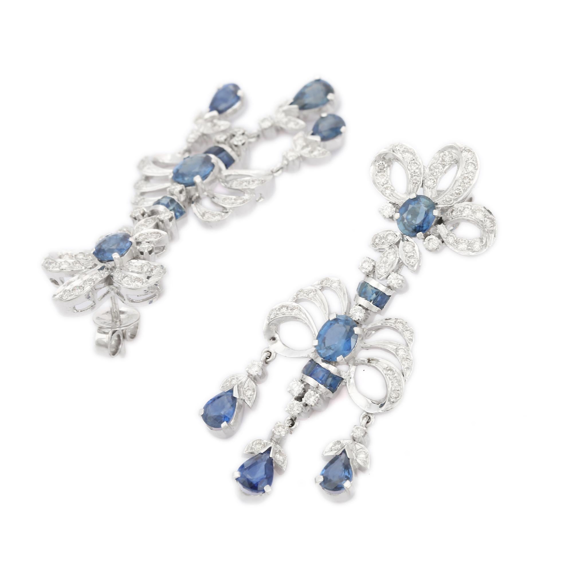 Modern 18kt Solid White Gold Blue Sapphire Diamond Fine Earrings For Women For Sale