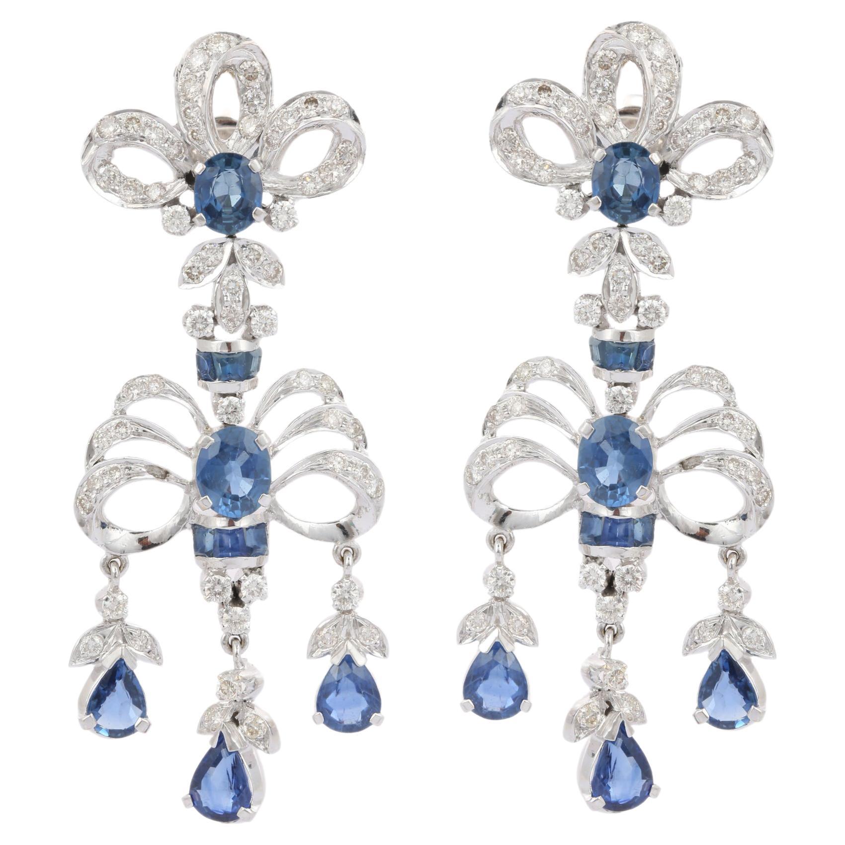 Boucles d'oreilles fines en or blanc massif 18 carats avec saphirs bleus et diamants pour femmes