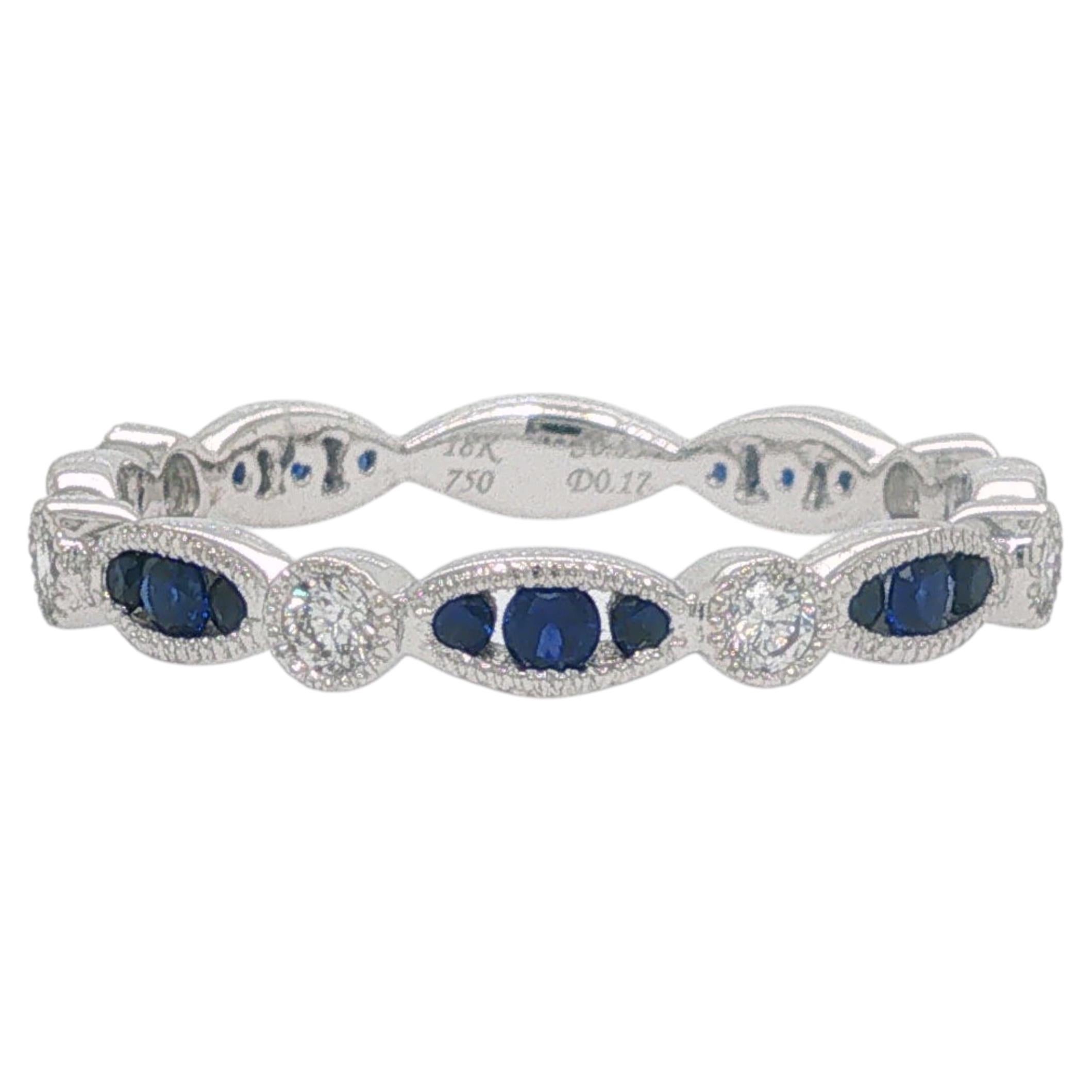 18K White Gold Blue Sapphire Diamond Eternity Band Ring with Milgrain Detail