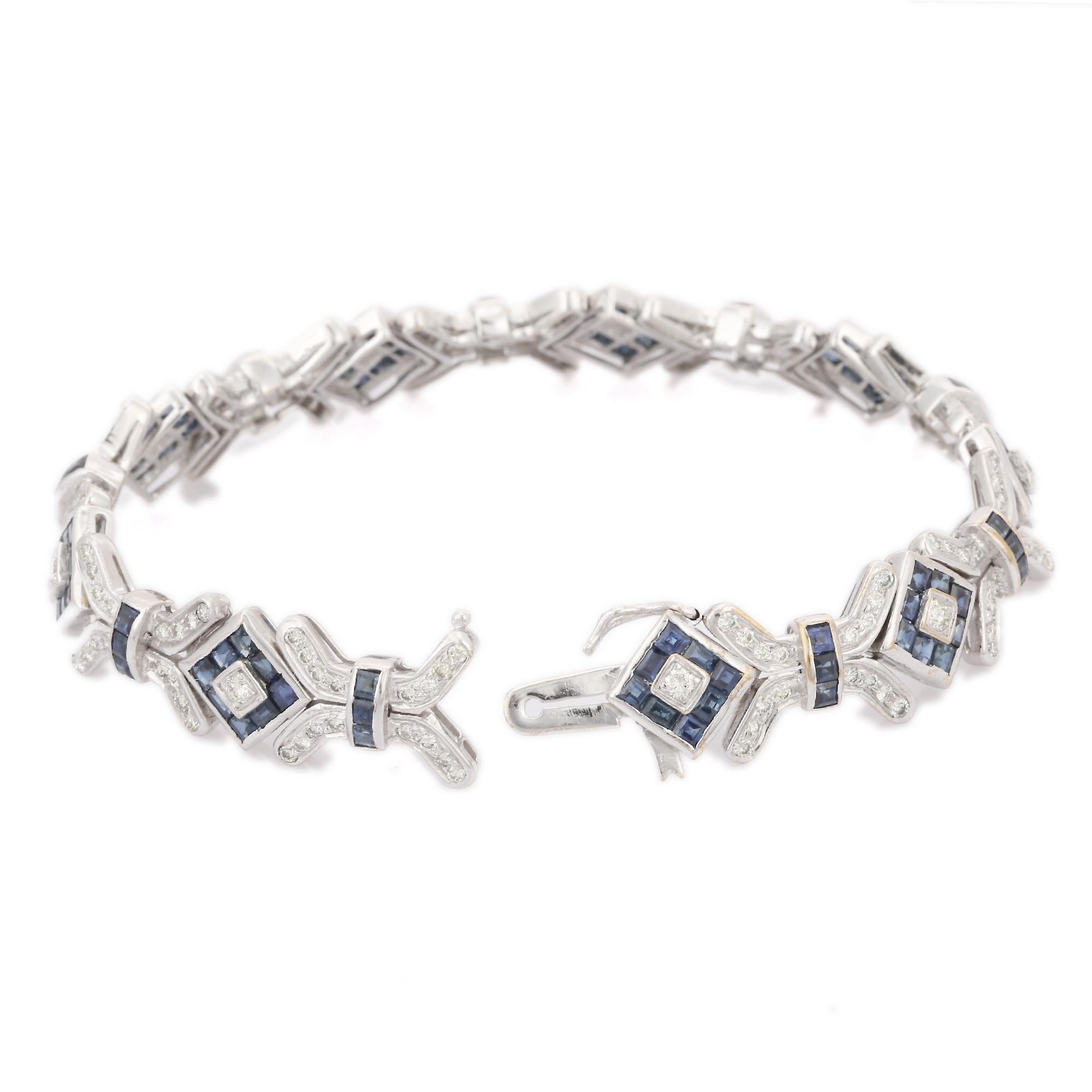 Art Deco Style 18kt Solid White Gold Diamond and 10.90 Ct Blue Sapphire Bracelet In New Condition For Sale In Houston, TX