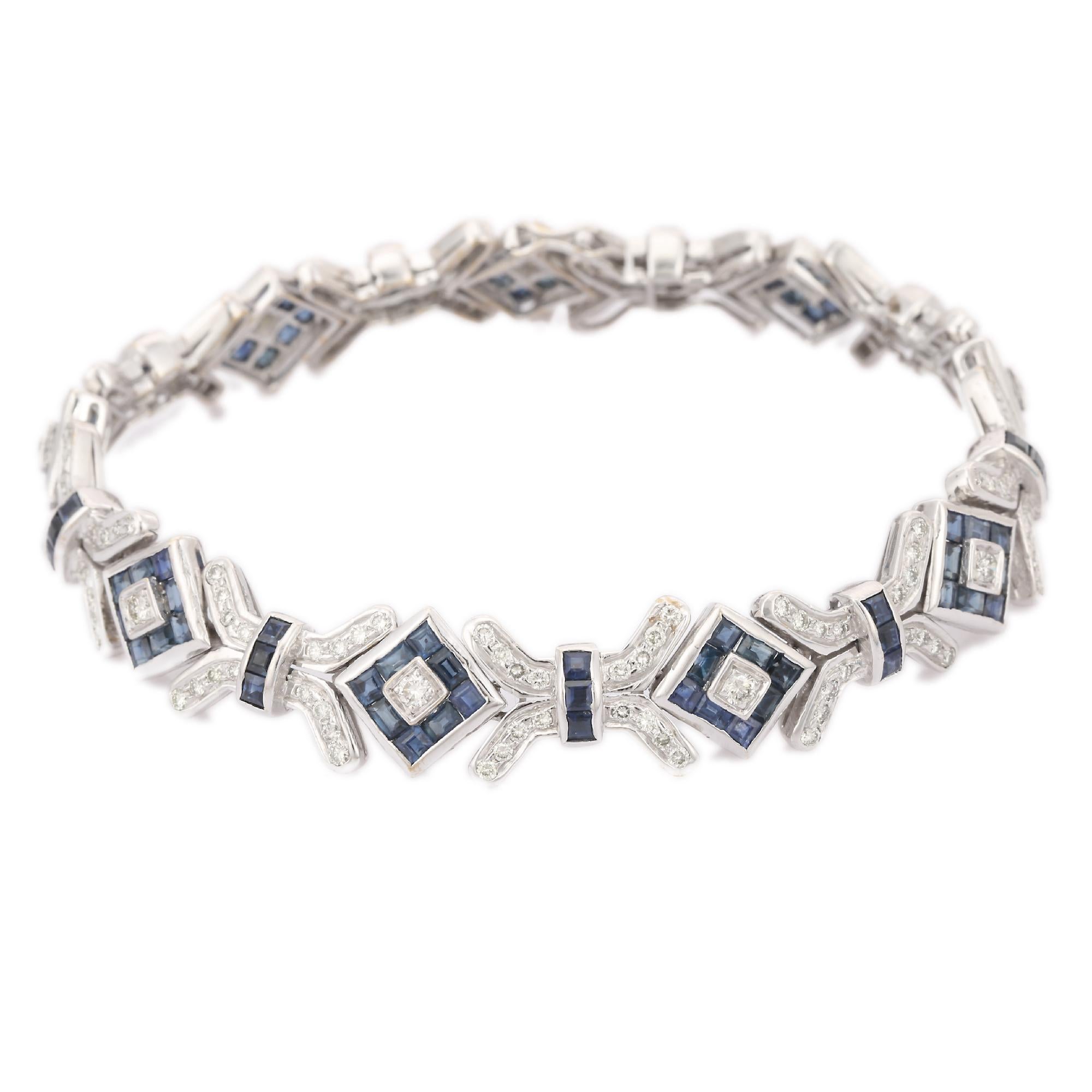 Armband im Art-déco-Stil aus 18 Karat massivem Weißgold mit Diamanten und 10,90 Karat blauem Saphiren Damen im Angebot