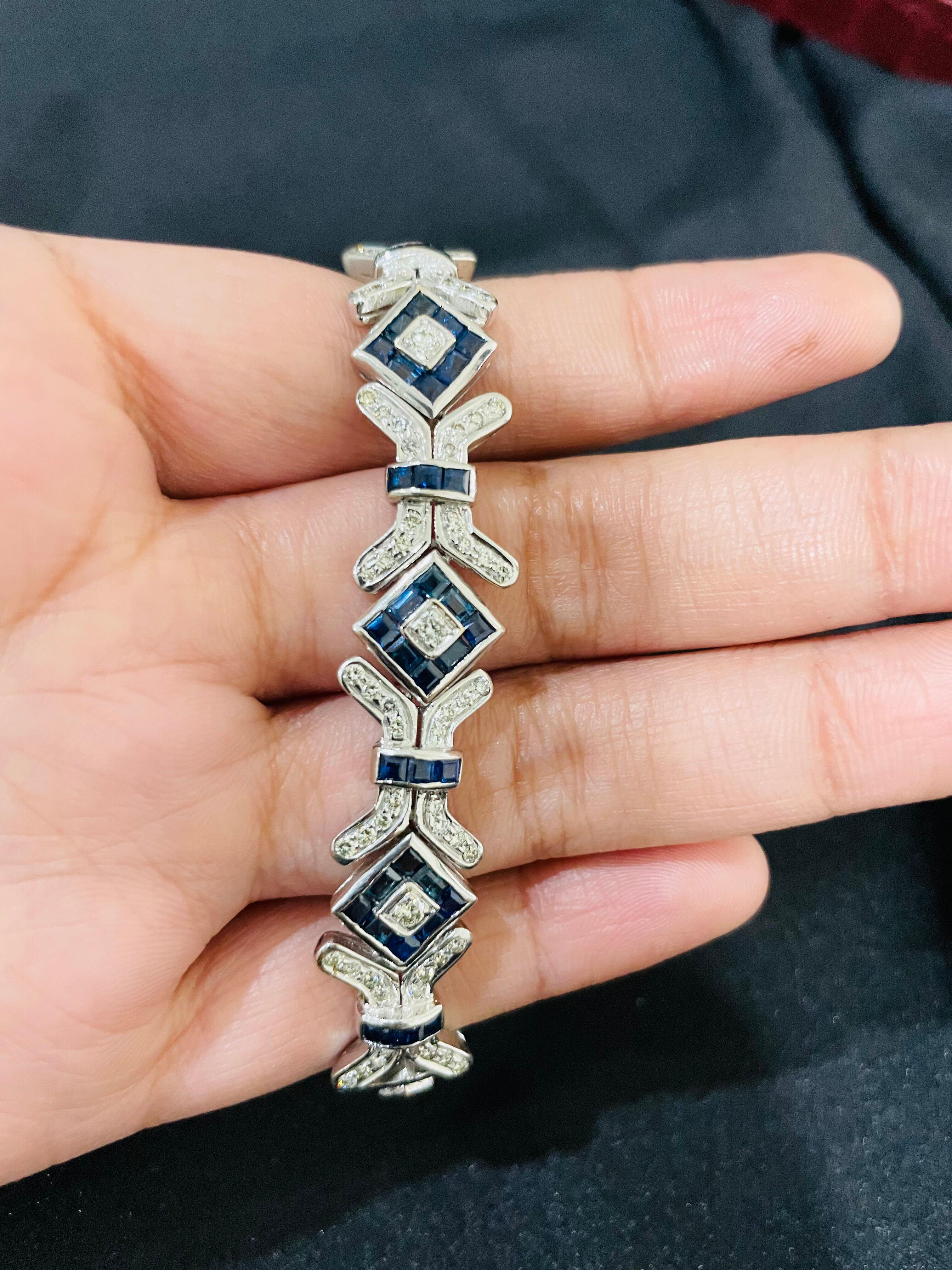 Square Cut Art Deco Style 18kt Solid White Gold Diamond and 10.90 Ct Blue Sapphire Bracelet For Sale