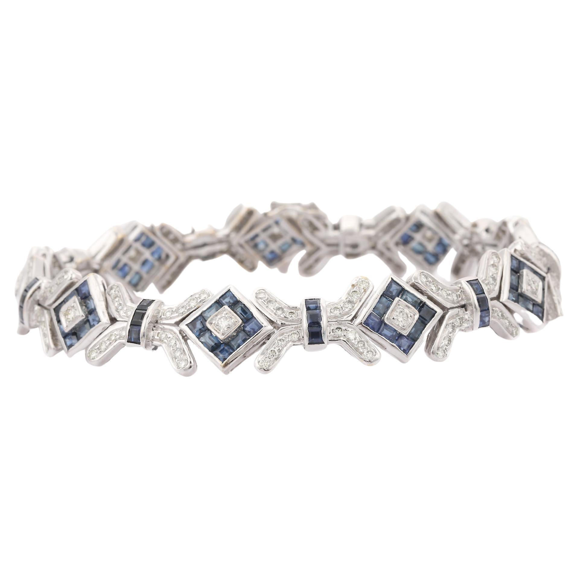 Bracelet de style Art déco en or blanc massif 18 carats avec diamants et saphirs bleus 10,90 carats