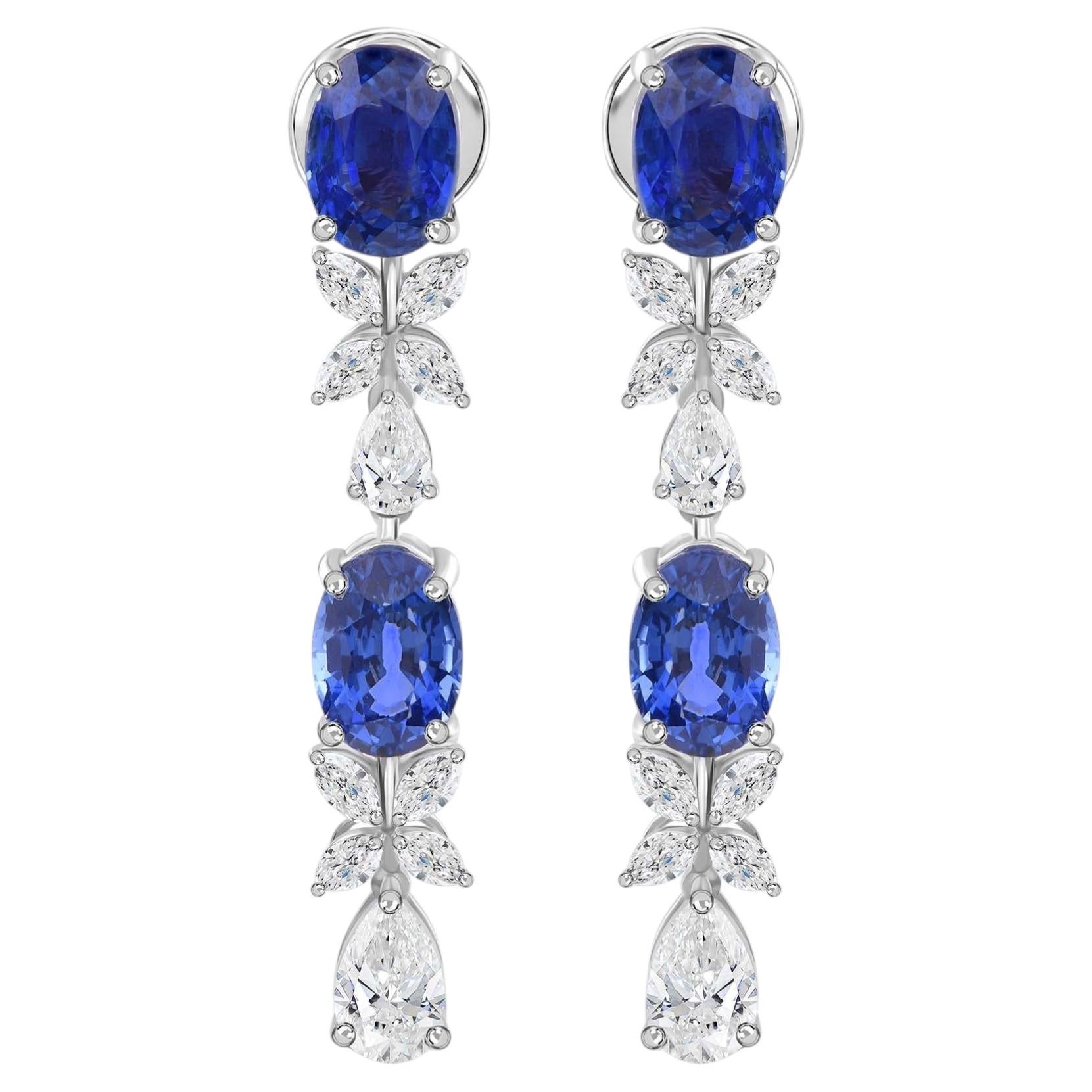5,98 Karat Blauer Saphir 1,8 Karat SI/H Diamant Florale Tropfenohrringe 18K Weißgold