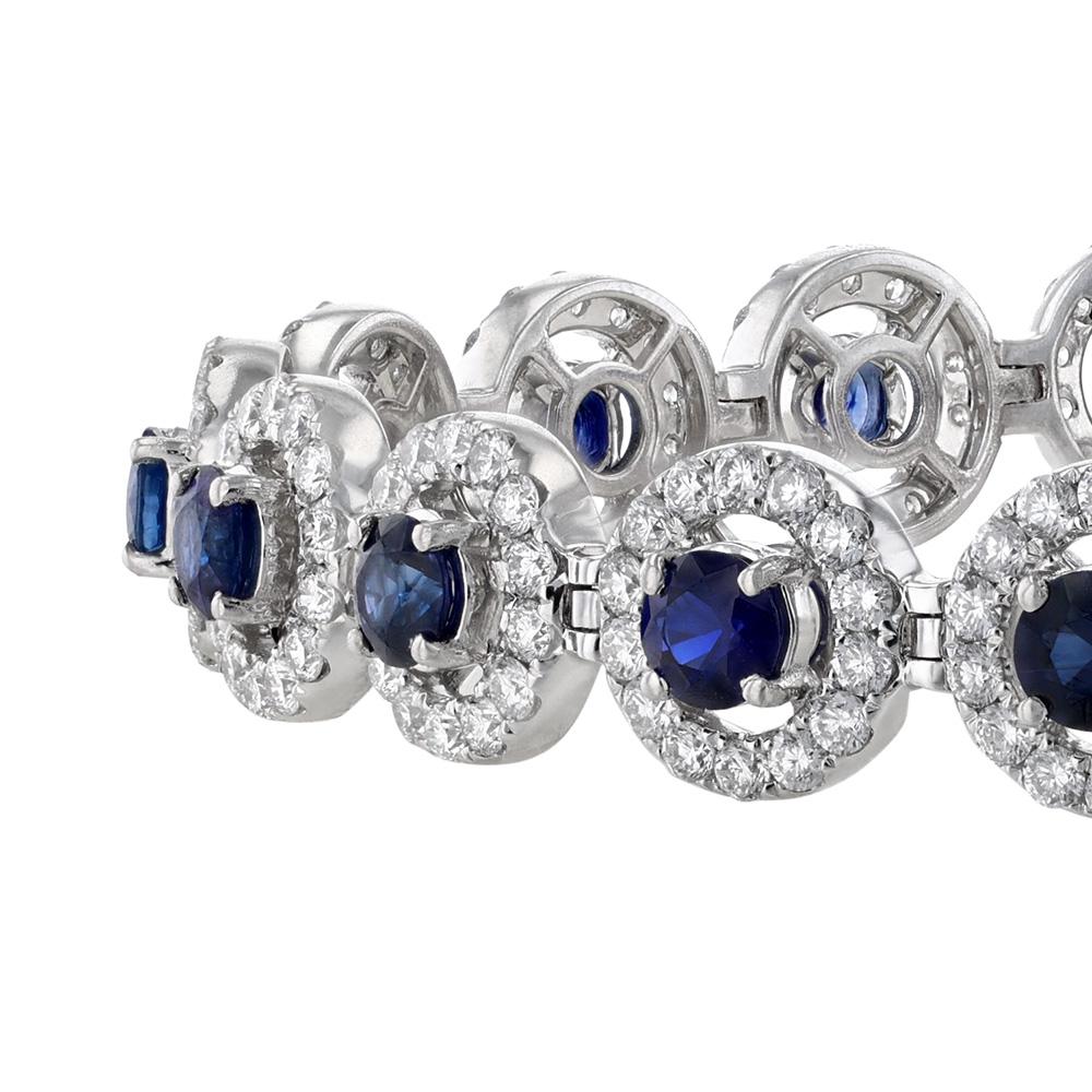 Round Cut 18K White Gold Blue Sapphire Diamond Halo Bracelet, 8.55 Carat For Sale