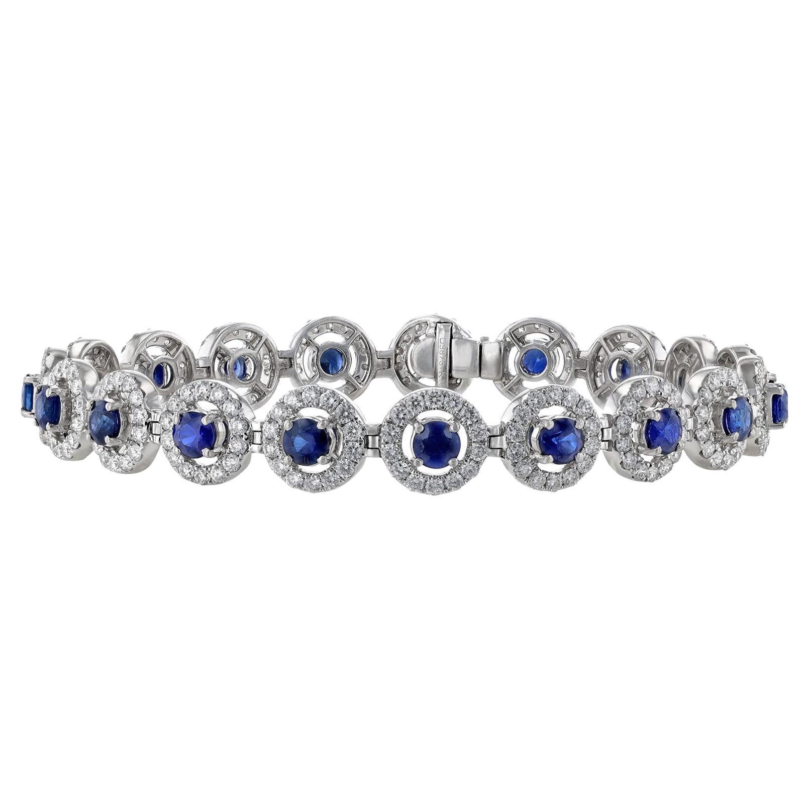 18K White Gold Blue Sapphire Diamond Halo Bracelet, 8.55 Carat For Sale