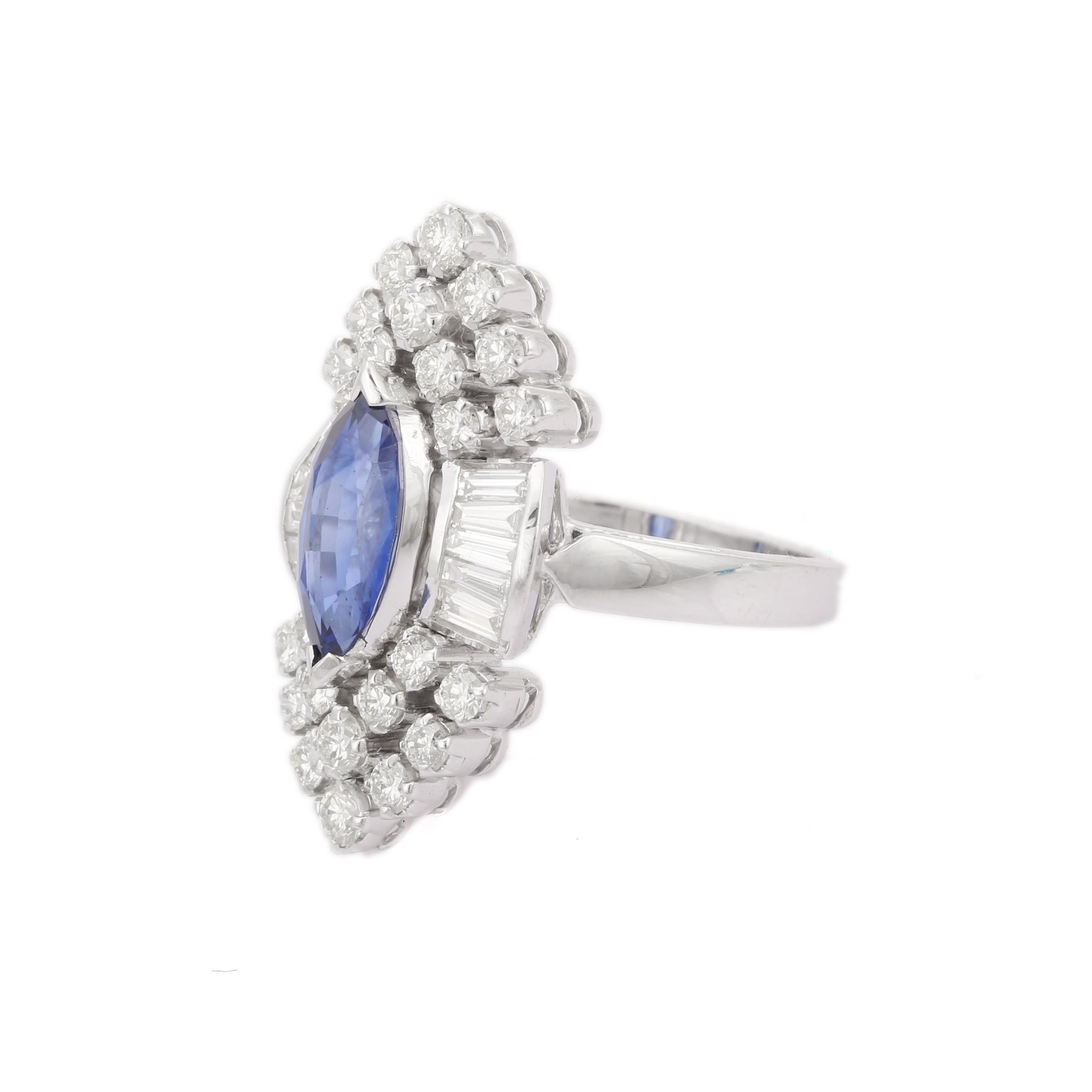 For Sale:  18kt Solid White Gold Marquise Blue Sapphire Diamond Wedding Ring 2