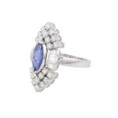 18kt Solid White Gold Marquise Blue Sapphire Diamond Wedding Ring