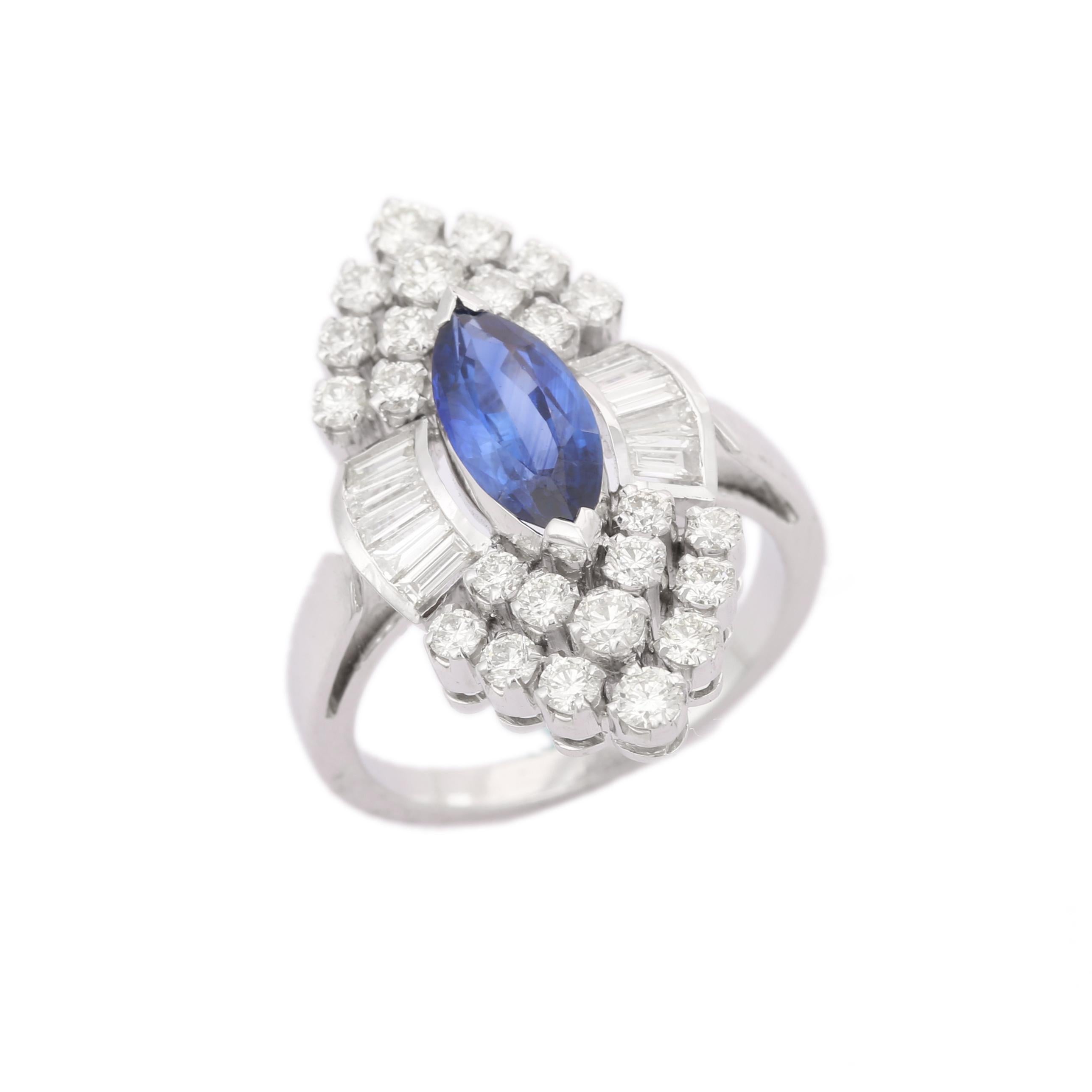 For Sale:  18kt Solid White Gold Marquise Blue Sapphire Diamond Wedding Ring 6